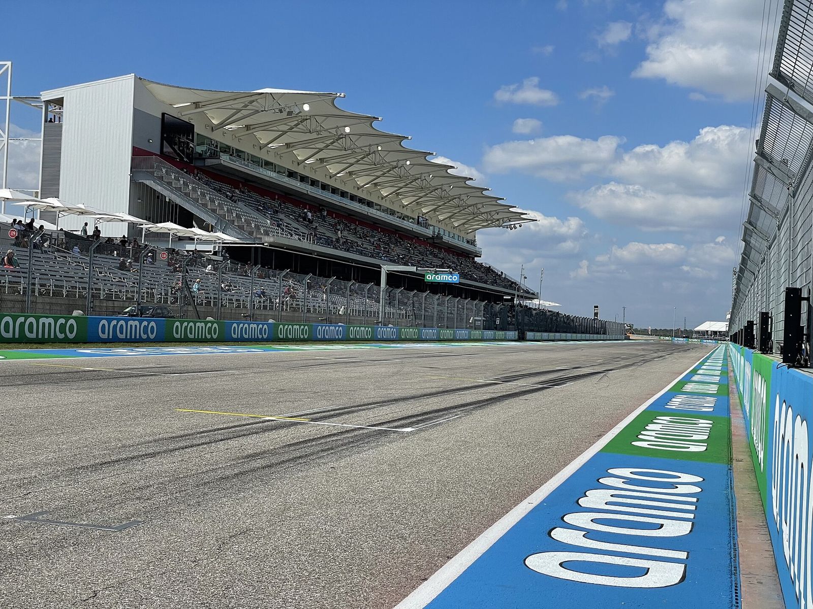 Main Grandstand at Circuit of The Americas seen from the pit straight on the first practice day of the 2021 US Grand Prix