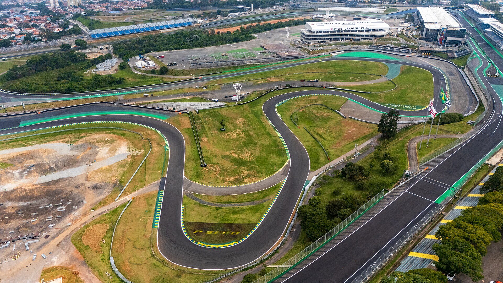 Aerial view of Interlagos showing the Senna S, the infield and the pit building, December 2025