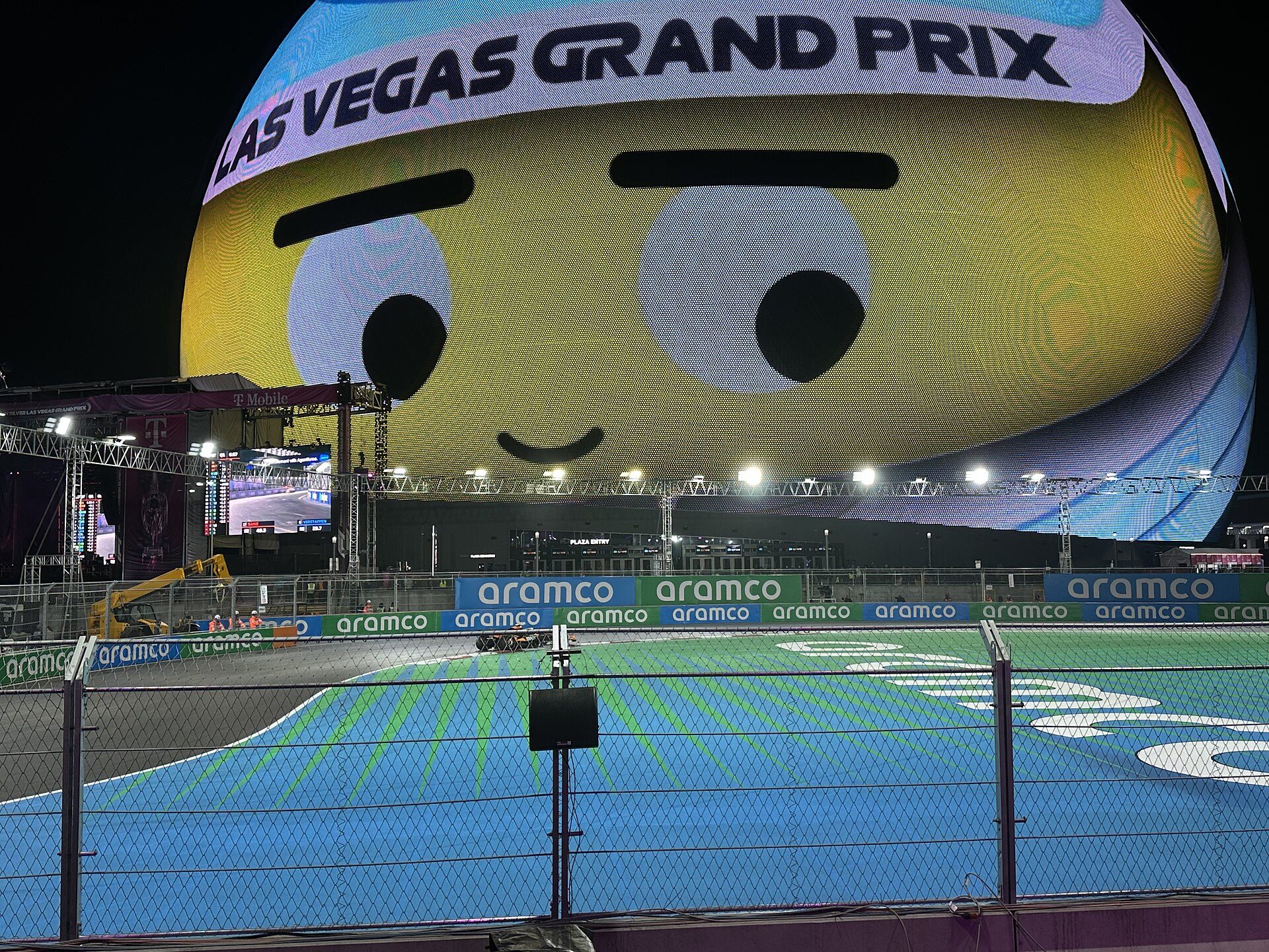 The Sphere lit up above the track at the 2024 Las Vegas Grand Prix